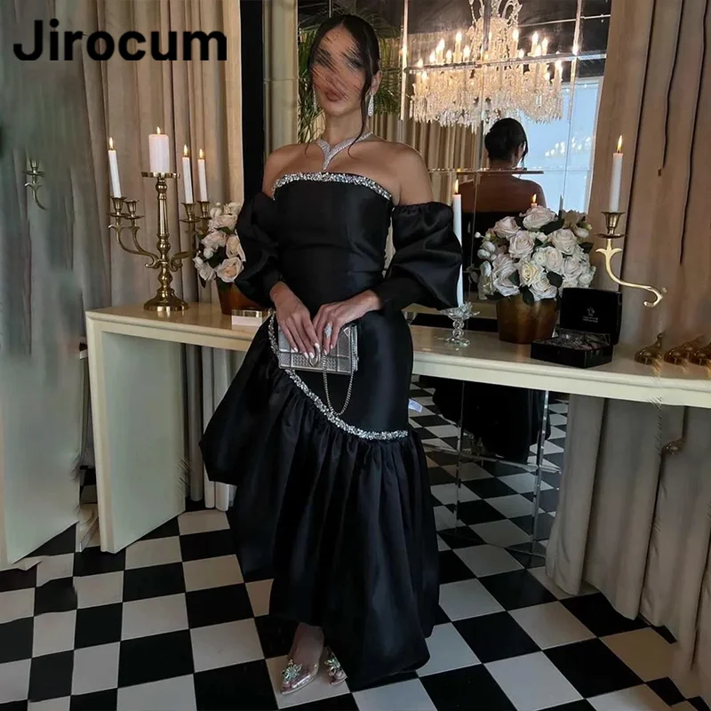 

Jirocum Black Mermaid Prom Gowns Women's Ruffled Asymmetrical Long Sleeve Party Evening Gown Beaded Strapless Cocktail Dress