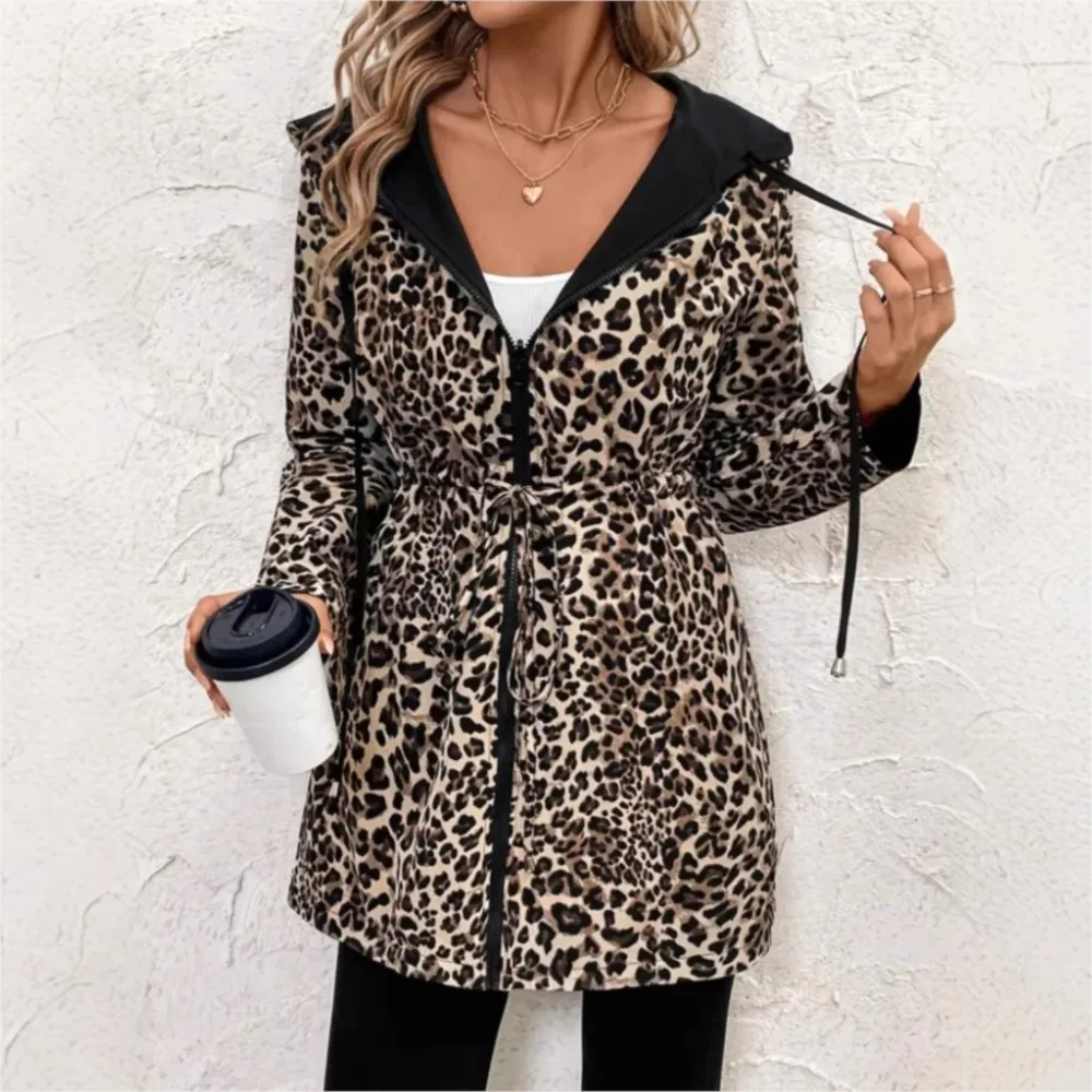 Reversible Leopard Print Pocket Jacket For Women Spring Autumn Hooded Zip Casual Windbreaker Manteaux Hiver Femme Outerwears