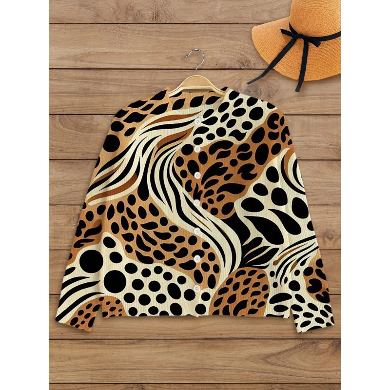 

Vintage Leopard Print Sexy Pattern Women's Sweater Cardigan Thickened Loose Round Neck Long Sleeve Button Autumn Winter Outdoor