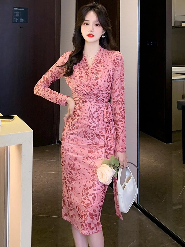 Korean Elegant Women Dress Temperament Pink Sweet Floral V-Neck Folds Slim Midi Party Street Vacation Robe Femme Mujer Vestidos