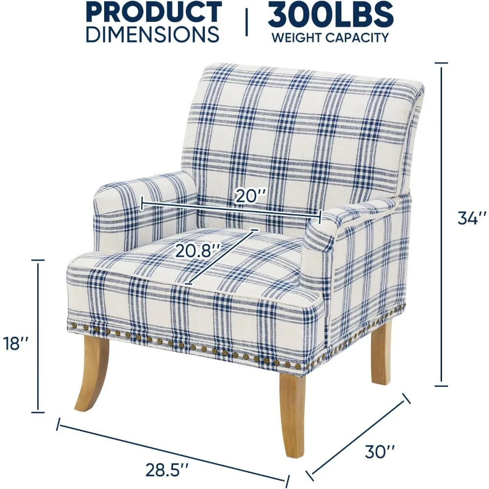 Accent Chair Mid-Century Armchair Living Room Chair with Solid Wooden Legs,Comfy Upholstered Club Chair Sofa Chairs (Navy Plaid)