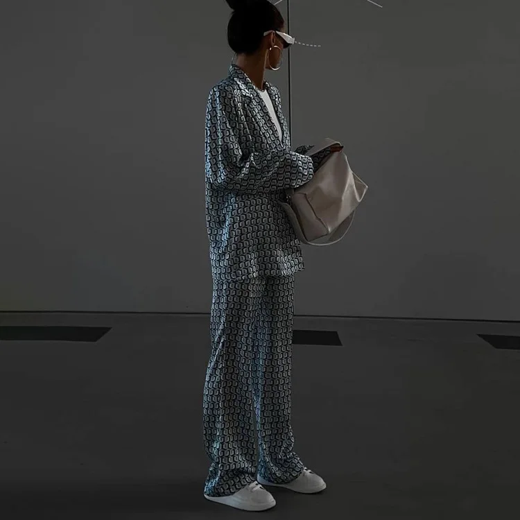 Luxury Shiny Satin Geometric Pattern Women 2 Piece Suit Oversized Blazer High Waist Flared Trousers Formal Business Matching Out