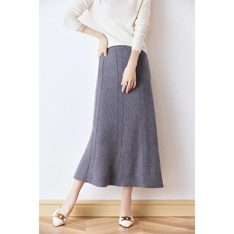 

2023 New Arrival Autumn and Winter 100% Pure Wool Knit Skirt Women's Solid Color High Waist Skirt Female Fashion Soft Skirt