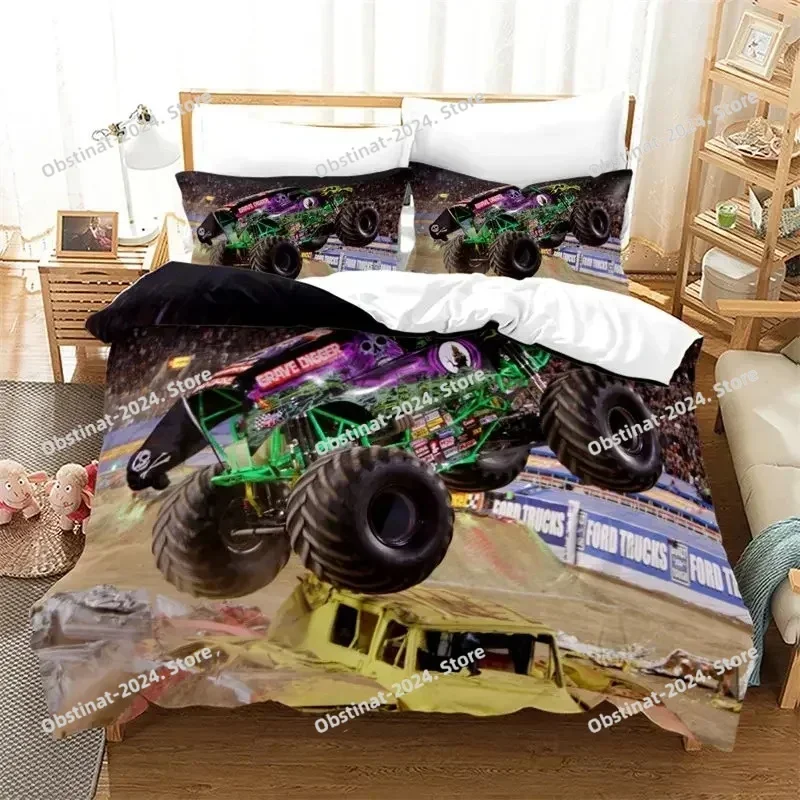 3D Cartoon Monster Truck Cool Vehicle Off Road Vehicle Bedding Set Printed Duvet Cover Pillow Case 3 Pieces Sets Kids Adult Size