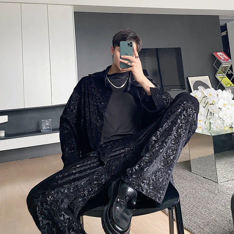 vintage men's black velvet embossed casual pants personality trend suit pants with pockets loose wide leg trousers 2Y4720