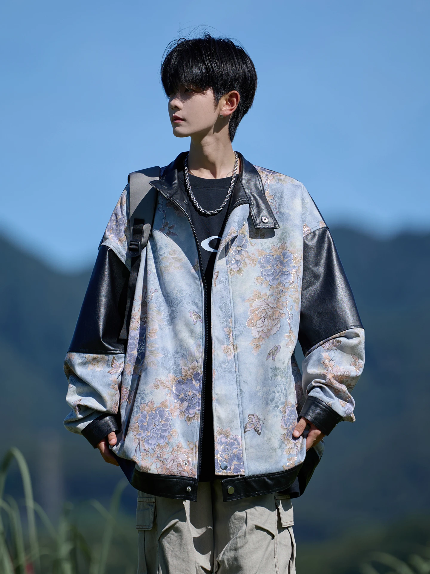 

American Retro Spliced Color Blo Floral PU Leather Jaet Men's Spring Autumn New Trendy Brand Haome Large Size Leather ...