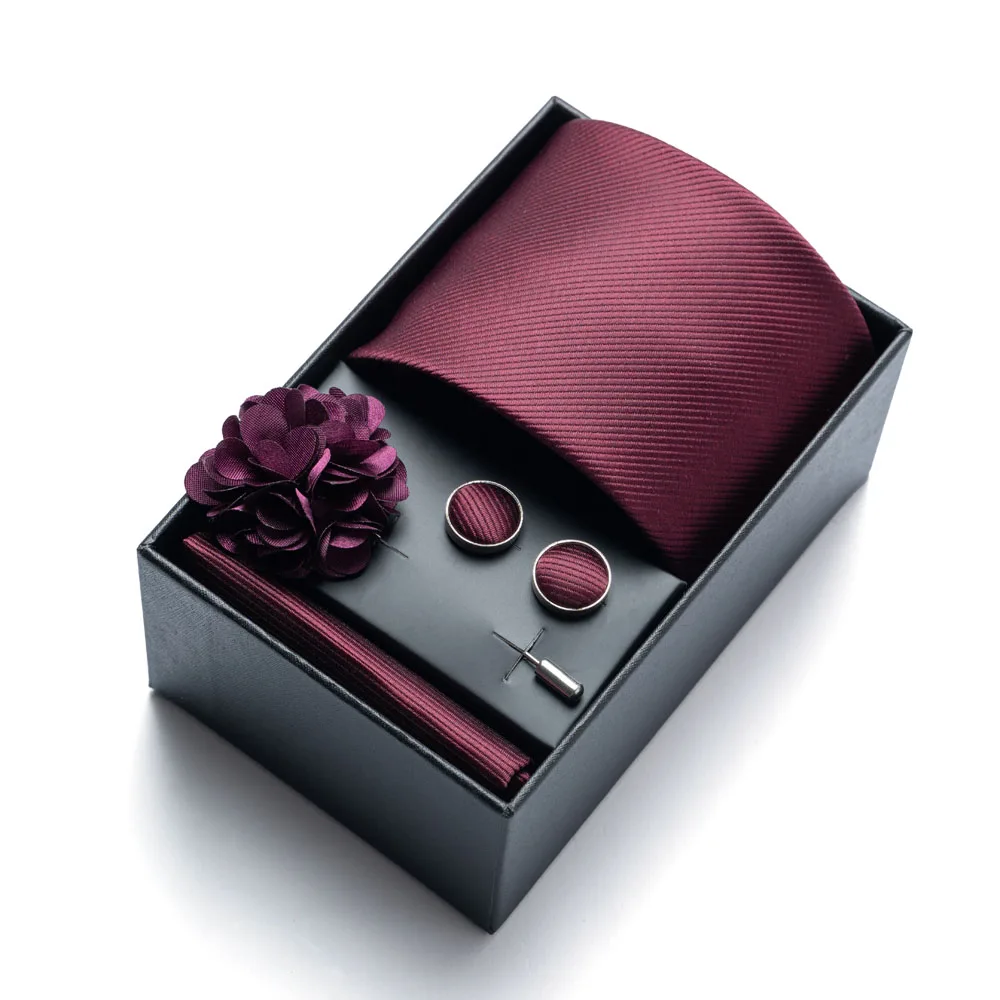4-Piece Set - Solid Color Men's Tie, Pocket Square, Cufflinks, and Boutonnière, High-Quality Gift Box, Stylish and Practical, El