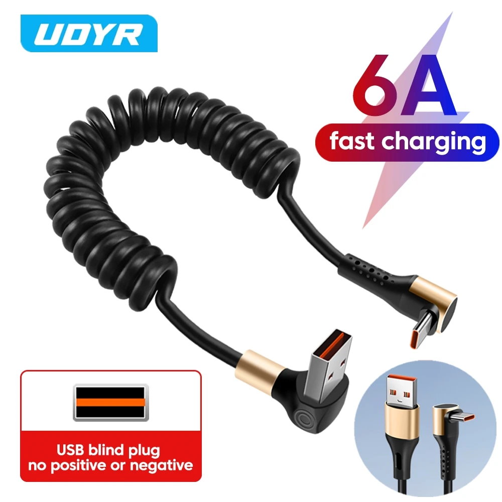 Cabo usb tipo c com mola de cotovelo de 90 graus para iphone 16 15 xiaomi android 6a carro retrátil carregamento rápido cabo de dados usb c
