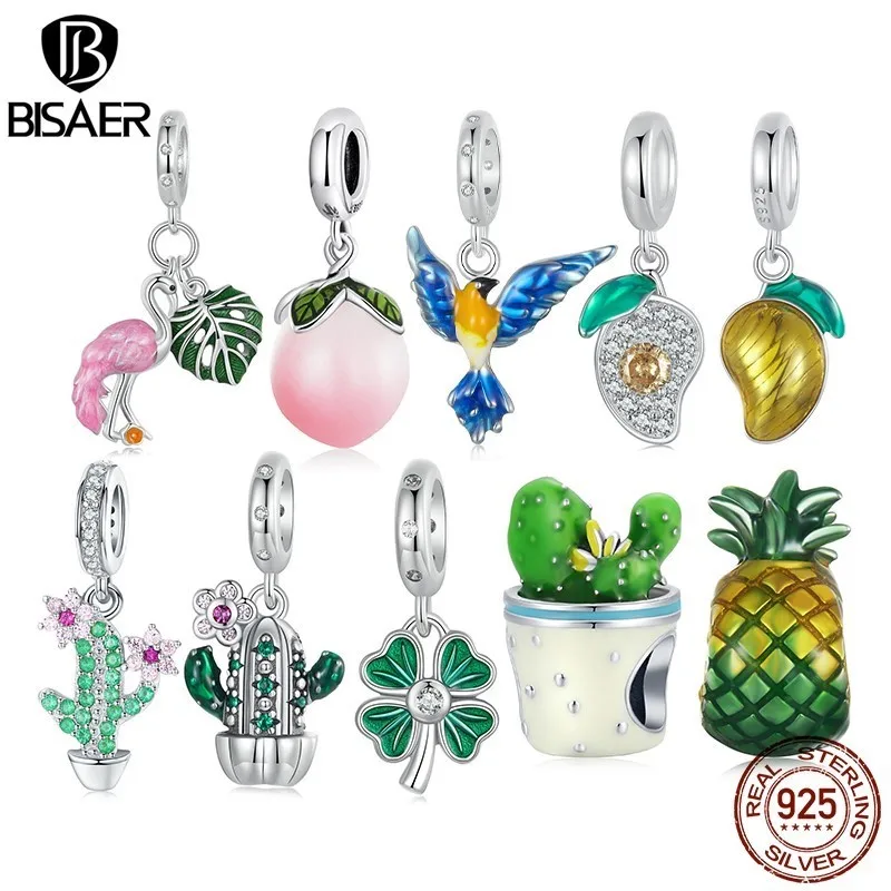 BISAER 925 Sterling Silver Fruit Charm Bead Mango Avocado Pineapple Cactus Flower Pendant Fit Women DIY Bracelet Fine Jewelry