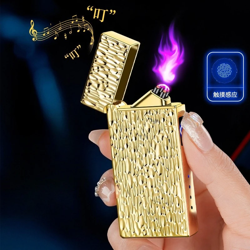 Double-Sided Crater Texture Lighter, Dual Arc Purple Flame Lighter, Touch Sensor Ignition, Loud Flip Sound, USB Rechargeable