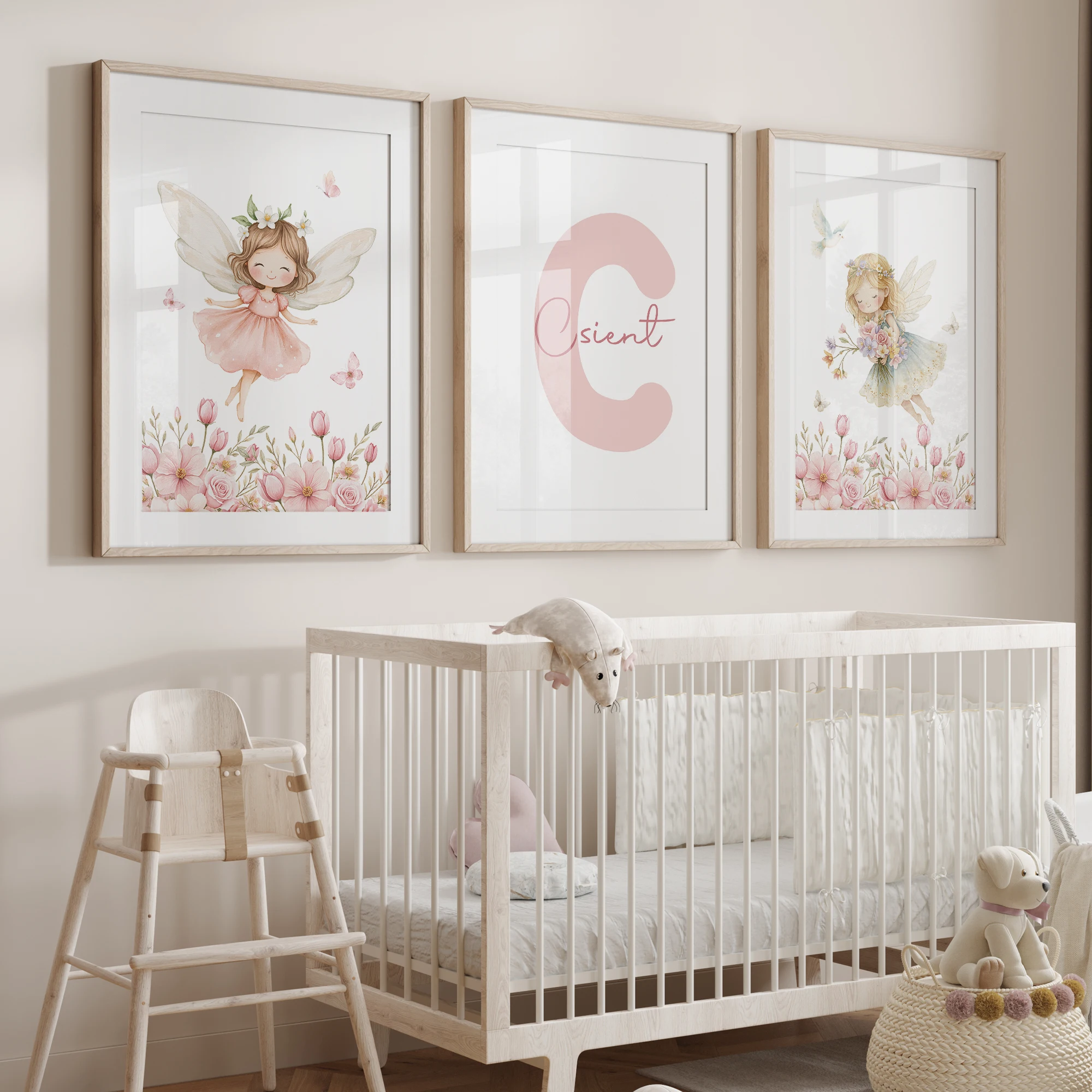 3 szt. Personalizowane Imię Własne Nadruki Ścienne z Motywem Uroczych Różowych Elfów, Kwiatów, Motyli i Ptaków, Obrazki do Salonu, Pokoju Dziecięcego, Dekoracja Domu