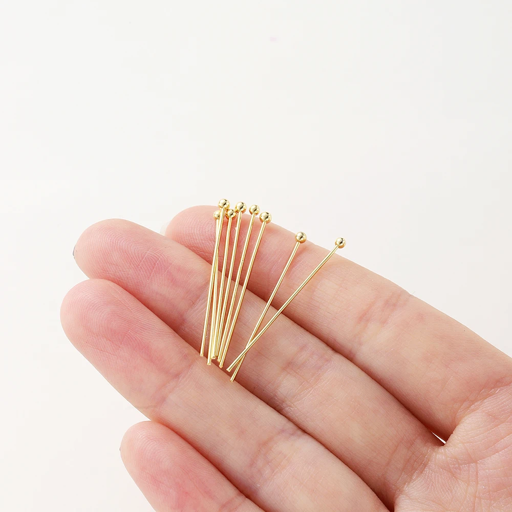 100Pcs 16-50mm 14/18K Real Gold Brass Eye Flat Head Pins Needle Ball Head Pins Pendant Connectors For Jewelry Making Findings