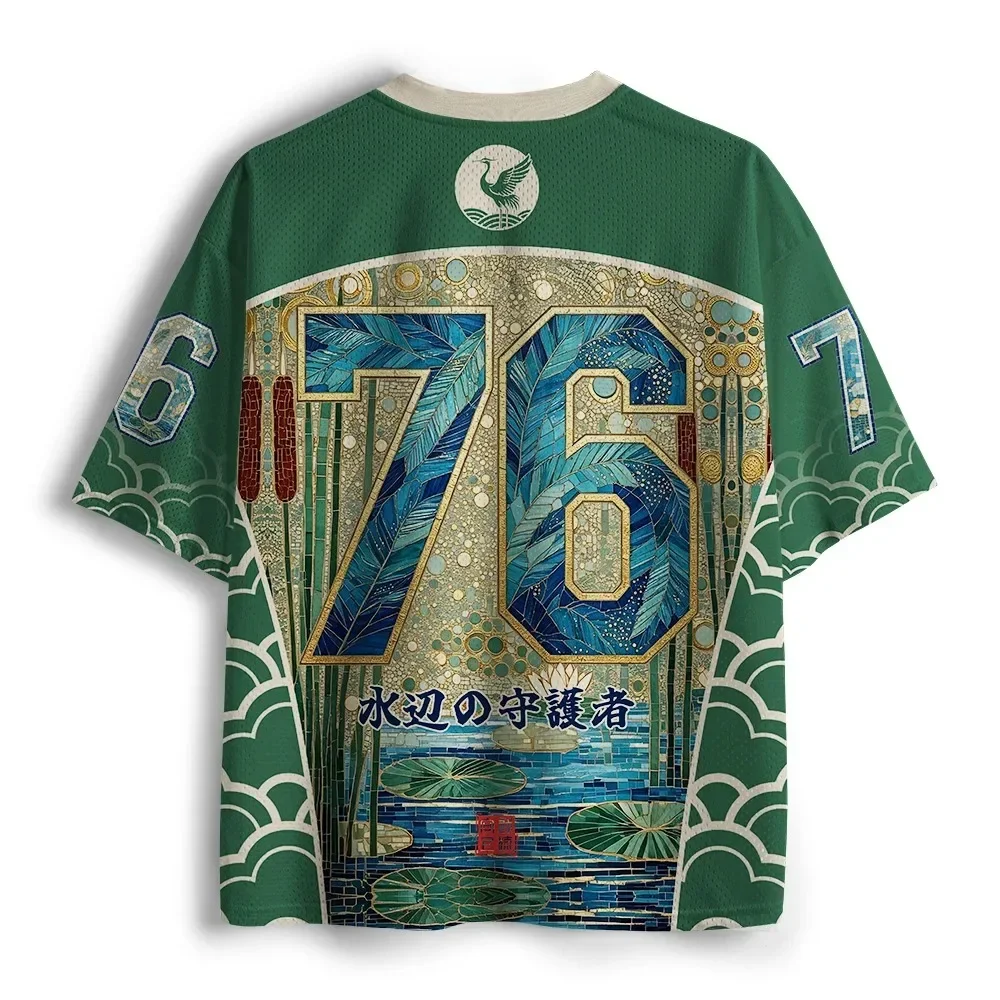 Unisex Japanisches Ukiyo-e-Design mit Storch und Lotusblumen, vollständig im 3D-Druckverfahren, V-Ausschnitt, Jersey-Stoff, modisches Street-T-Shirt, lockeres, atmungsaktives T-Shirt mit kurzen Ärmeln für den Sommer. – Detail 7