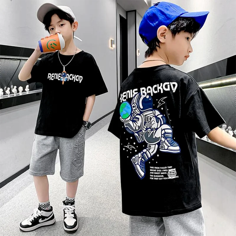 Summer Kids Clothes Streetwear Print Astronaut T Shirt Short Sleeve Tops Tees Boys Girls Clothes 100%Cotton T Shirts Children