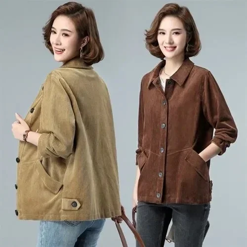 

2025 Spring Autumn New Corduroy Jacket Women's Fashion Casual Solid Color Loose Short Top Female Lapel Single Breasted Outwear