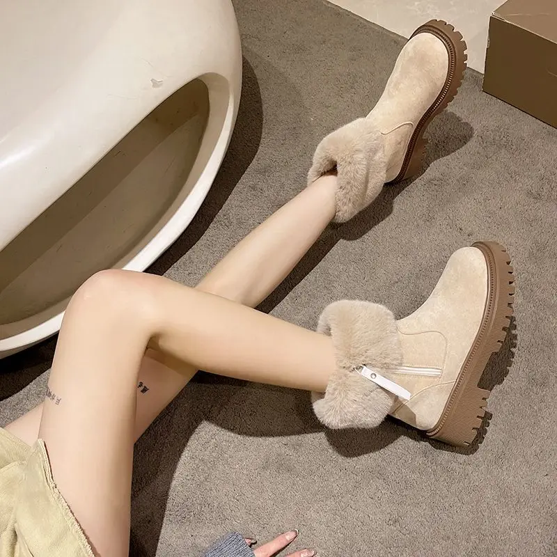 

Khaki Height Increasing Women's Snow Boots Zip Furry Plain Trend 2025 Lamb Chic and Elegant Footwear Comfortable Ladies Shoes