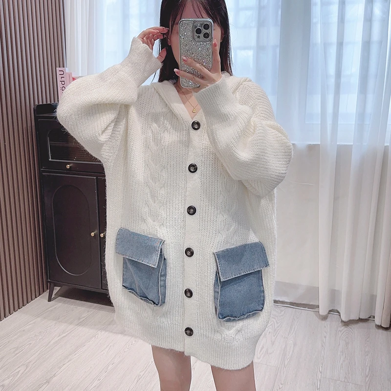 Vintage Fried Dough Twists Loose Hooded Cardigan Sweater Women's Autumn and Winter New Denim Pockets Casual Knit Coat