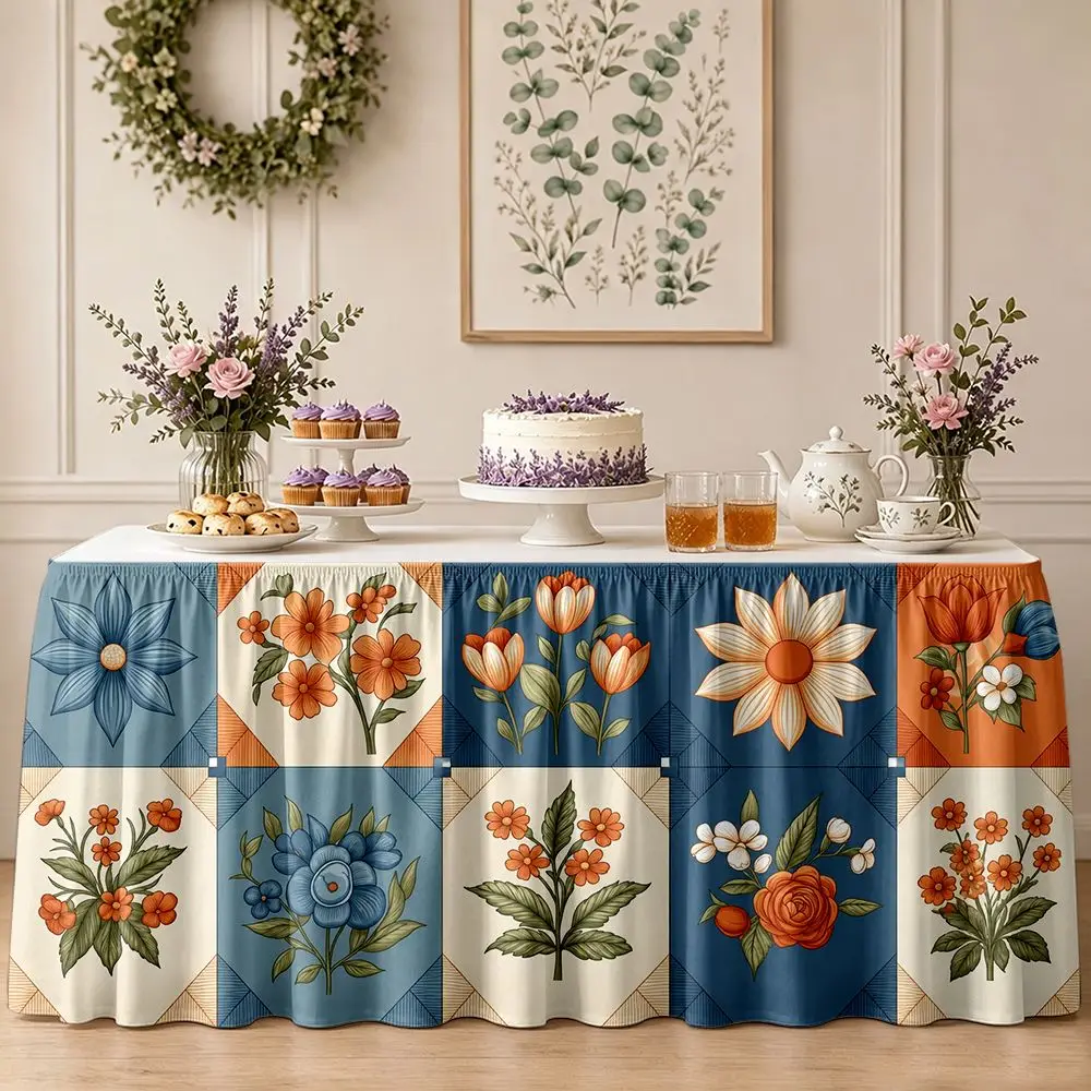 One-piece party table skirt decoration with vintage floral plant tile pattern and ruffled edge tablecloth