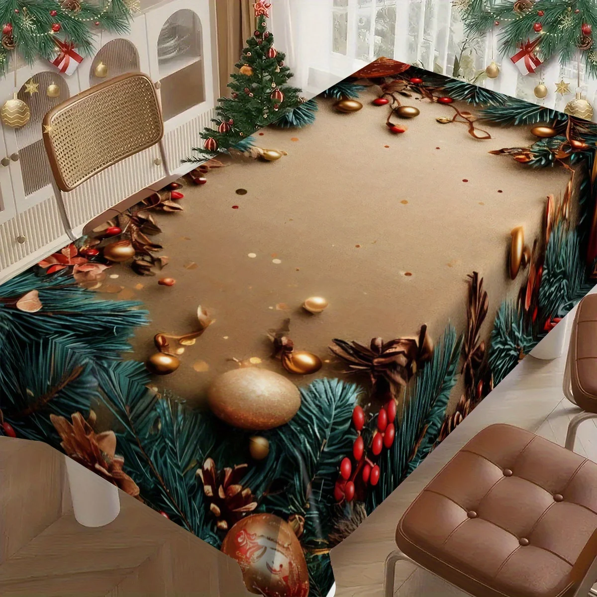 1pc Creative Pine Branch With Red Berries And Golden Print Foldable Easy-to-Store Polyester TableclothSuitable For KitchenDining