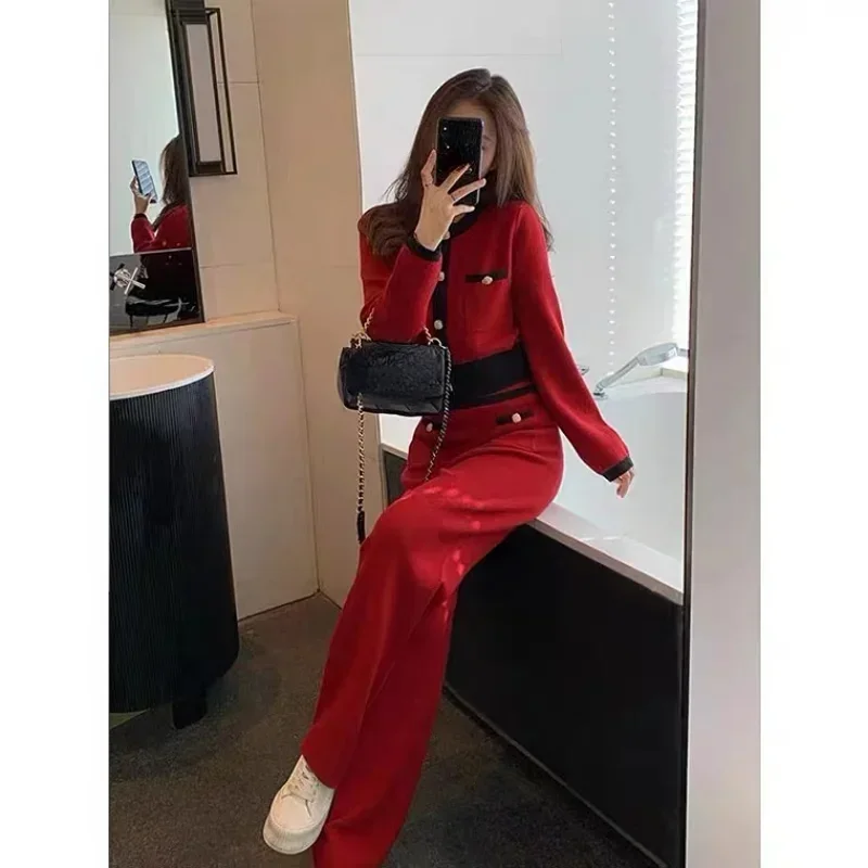 Knitted White Wide Leg Pants Suits Vintage Fall O Neck Red Cardigan Knitwear Sweaters Korean Fashion Two Piece Sets Coat LU133