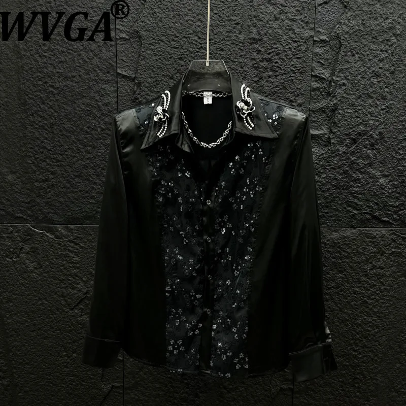 

WVGA Spring New Man High-end Sequin Patterned Trendy Long Sleeve Shirt Niche Patchwork Beaded Design Turn-Down Collar Top W22614