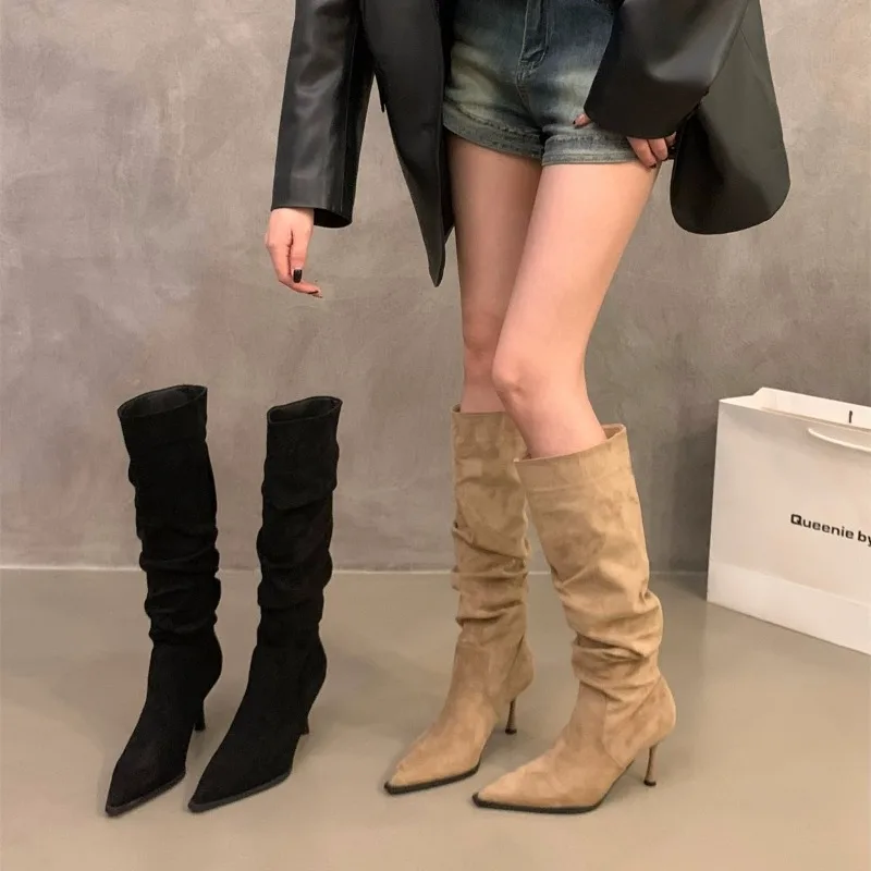 

Осень 2023, новая легкая роскошная версия, женские сапоги с острым носком на тонком каблуке с ворсом в иностранном стиле, сапоги до колена на высоком каблуке
