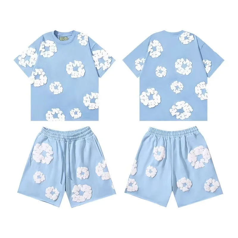DENIM TEARS Zomer Hot Selling Europese en Amerikaanse mode hiphop bedrukte set met korte mouwen High Street losse sportkleding