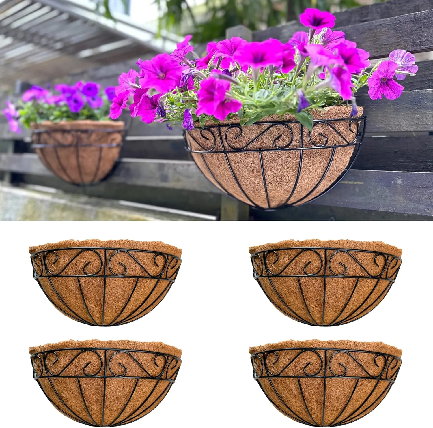

4 Pack 12 Inch Wall Hanging Planters with Coco Liner, Outdoor Vertical Garden Fence Pots Holder for Balcony Deck Porch Patio