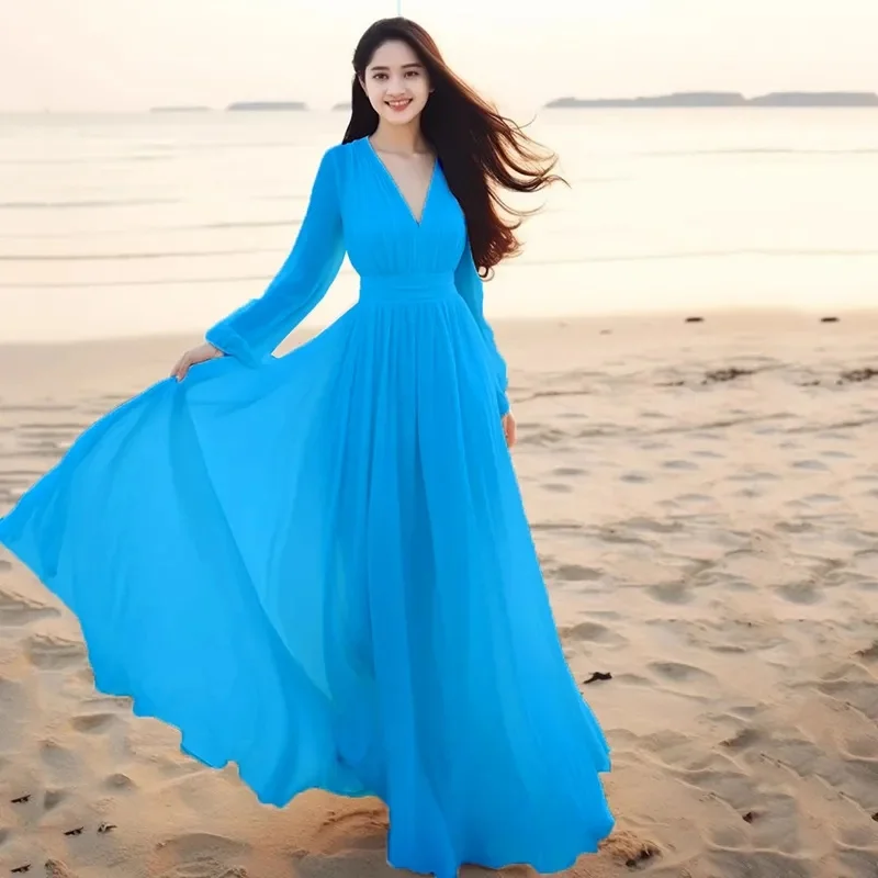 Mulheres senhoras roupas de manga longa sexy clube boho praia vestido senhora verão profundo decote em v festa longo maxi vestido feminino