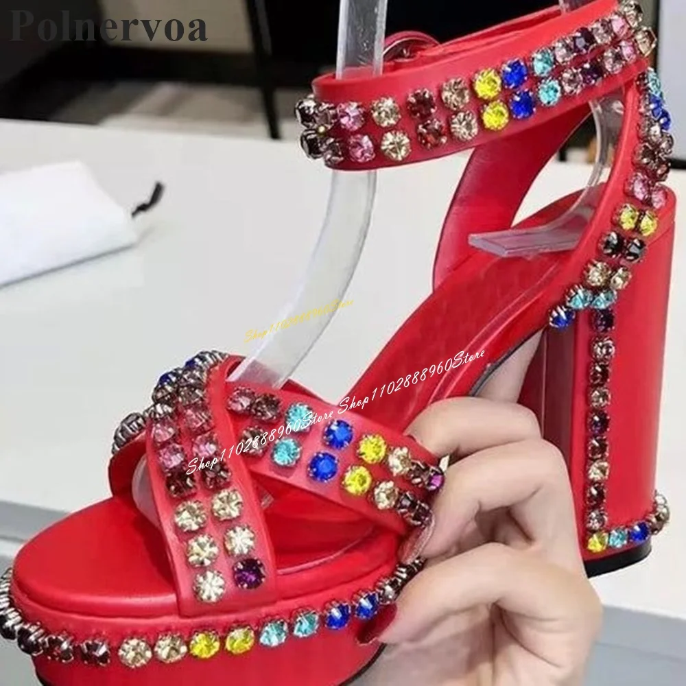 

Luxury Red Platform Colorful Crystal Sandals Chunky High Heel Women Shoes Ankle Buckle Strap Open Toe 2024 Zapatos Para Mujere