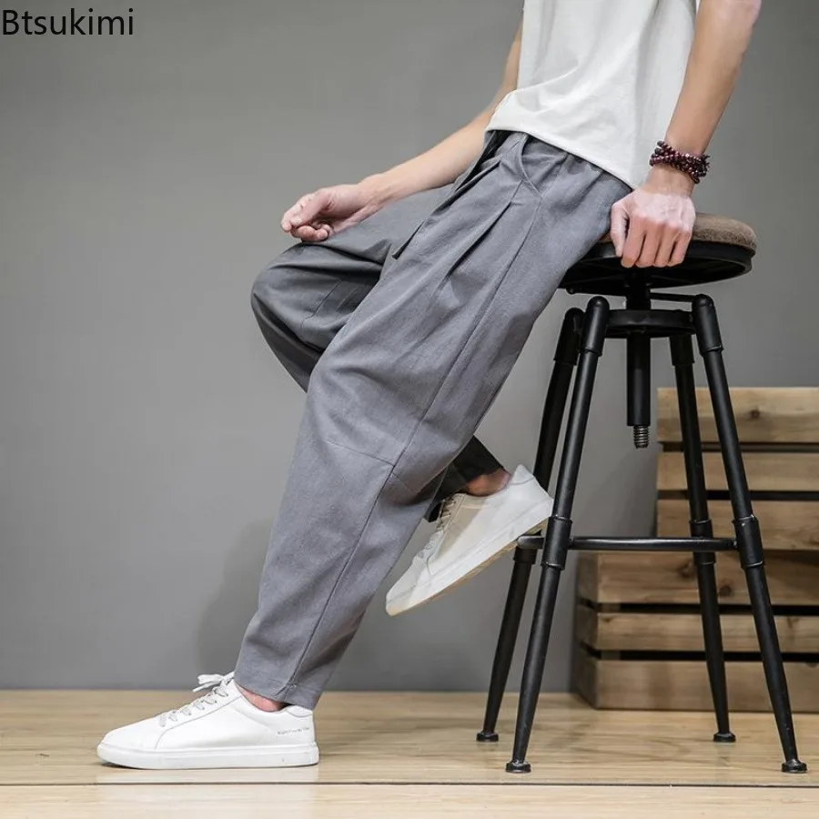 Spring Summer Cotton Linen Pants for Men Elastic Waist Loose Casual Sweatpants Traditional Chinese Harem Trouser Pantalons Homme