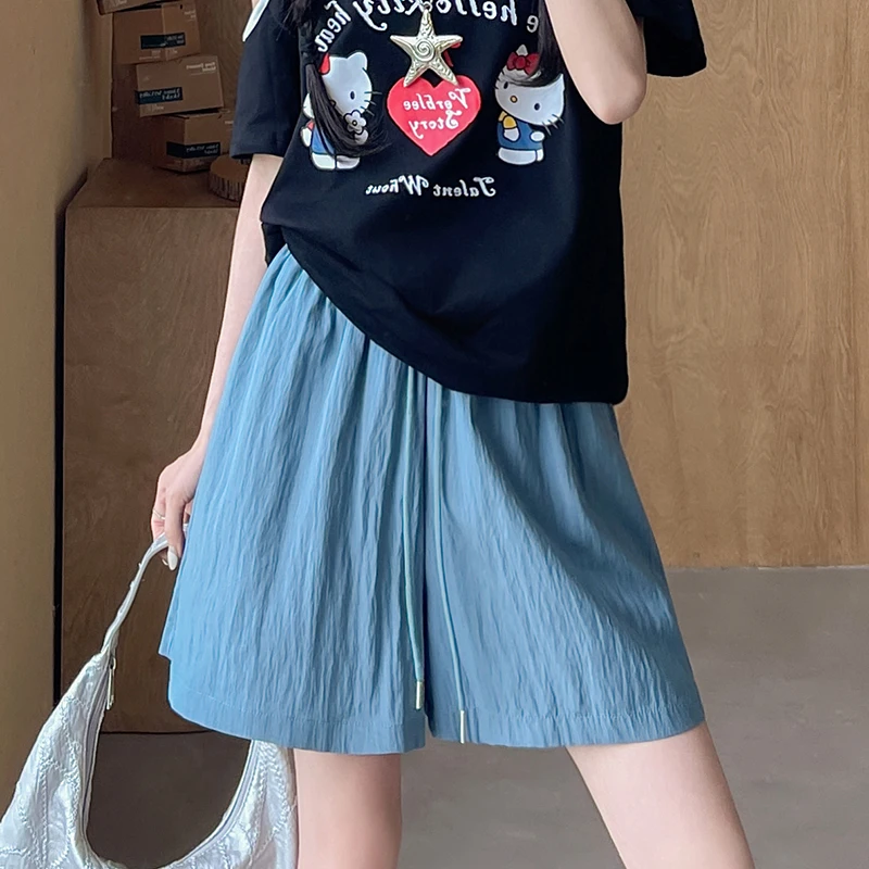 Knielange elastische Shorts mit hoher Taille und Innenfutter für Damen, koreanische Mode, weites Bein, Sport-Shorts, Sportbekleidung