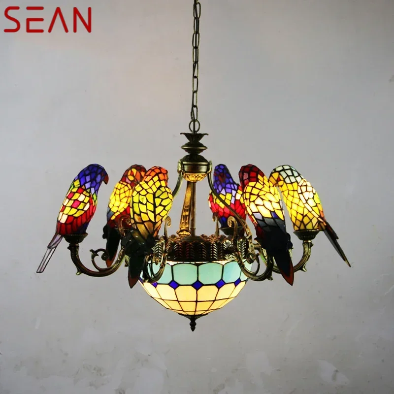 SEAN Tiffany Parrot Chandelier LED Vintage Creative Color Glass Pendant Lamp Decor for Home Living Room Bedroom Hotel