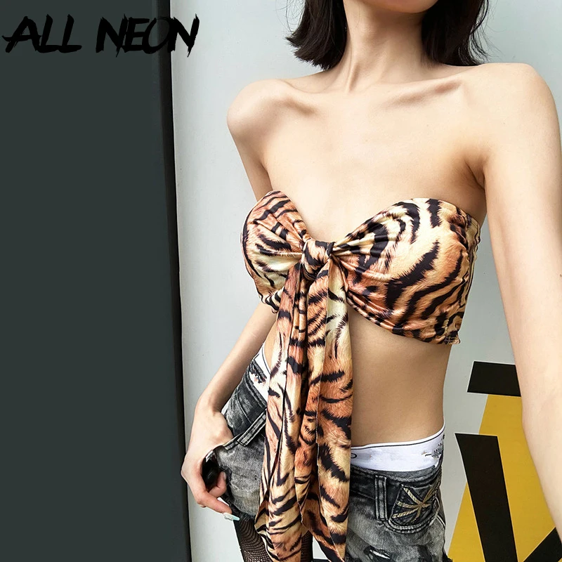 

ALLNeon 2000s Aesthetics Leopard Print Sleeveless Corset Tops 90s E-girl Strapless Knot Crop Top Women Y2K Fashion Streetwear