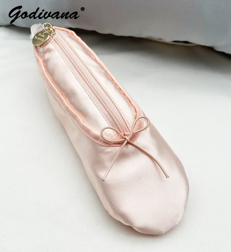 Ballet Shoes Shape Pencil Case Student Cute Girls Cosmetic Bag Satin Lipstick Eyebrow Pencil Eyeliner Storage Mini Pannier Bag