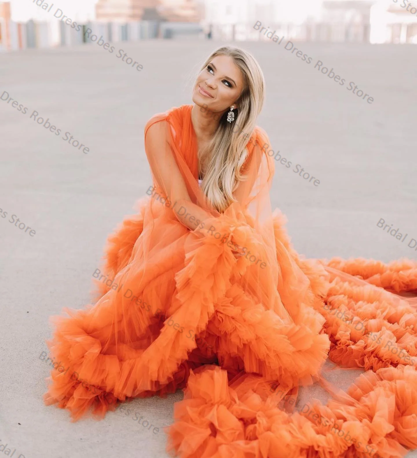 Orange Women Maternity Dress for Photo Shoot Skirt V Neck Bridal Robe Tiered Tulle Full Sleeves Pregnant Prom Gown Customized