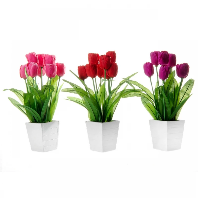 Floral ornaments Pack 3 plant tulipa decorated wooden pot. 30451