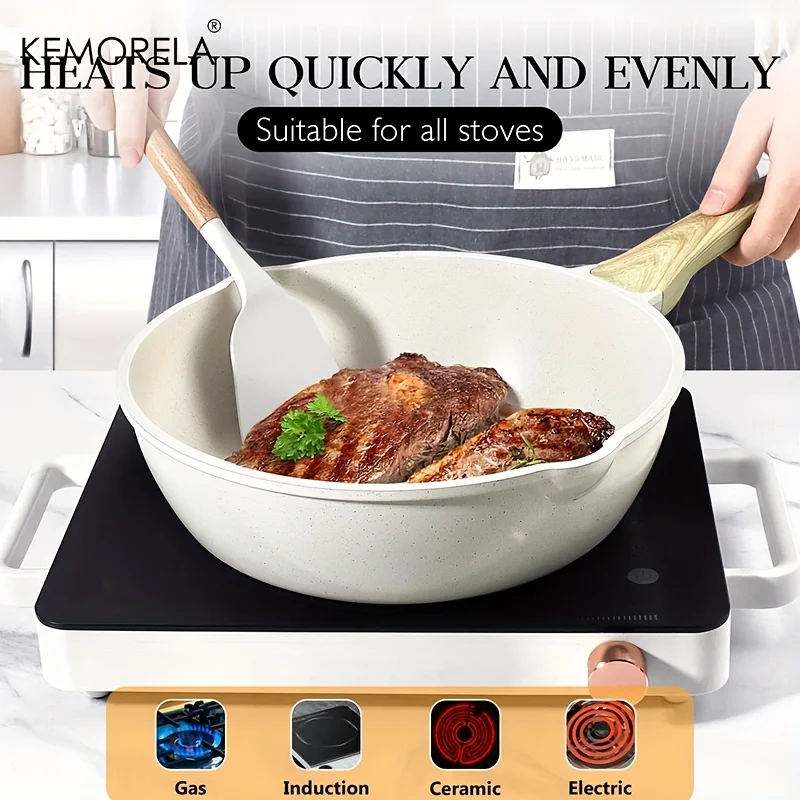 

KEMORELA Сковорода с антипригарным покрытием и увеличенной крышкой, ручка Stay Cool — добавленная нетоксичная сковорода без ПТФЭ/PFOA