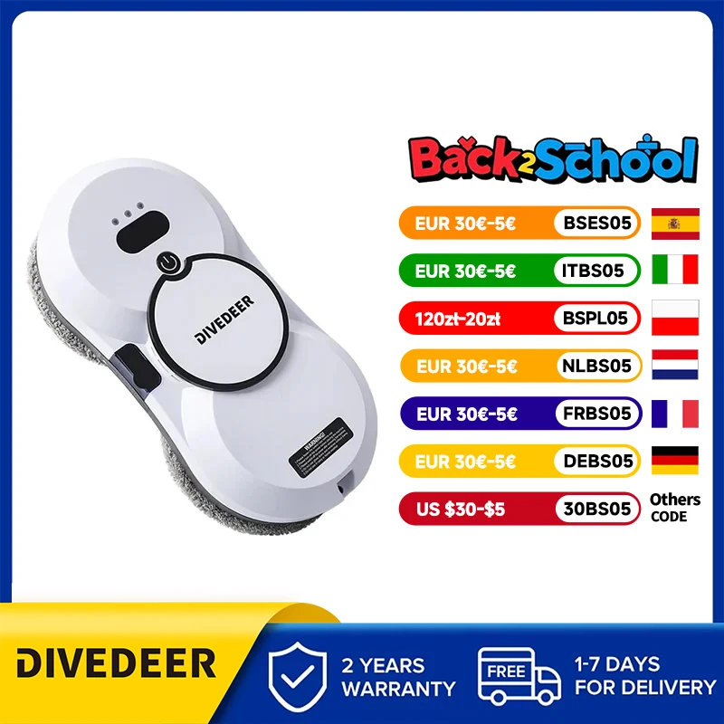 DIVEDEER Robot per la pulizia delle finestre Macchina senza spazzole per aspirapolvere elettrico per vetro con spruzzo d'acqua intelligente ad alta aspirazione