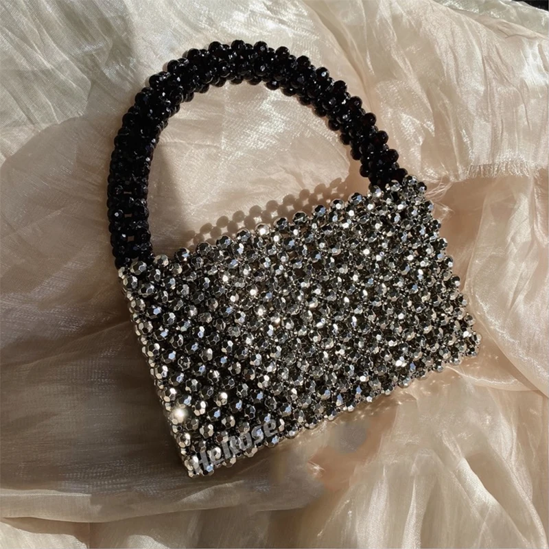 Handmade Crystal Metalic Beaded Bags for Women Fashion Bright Black Silver Small Square Handbag Handmade Shopper Pearl Summer