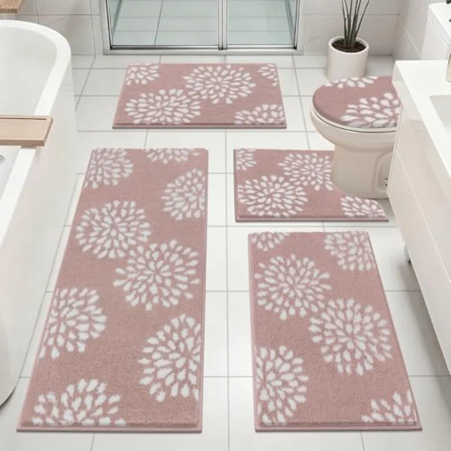 

HEBE Floral Bathroom Rugs Set 5 Pcs, Non Slip Washable Bath Mat Set for Bathroom, Absorbent Microfiber Bath Carpet with U-Shape