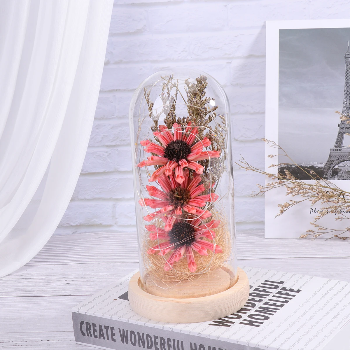 

Pink Light Ornaments Artificial Flower Table Lamp Mini Dome Garden Office Decor