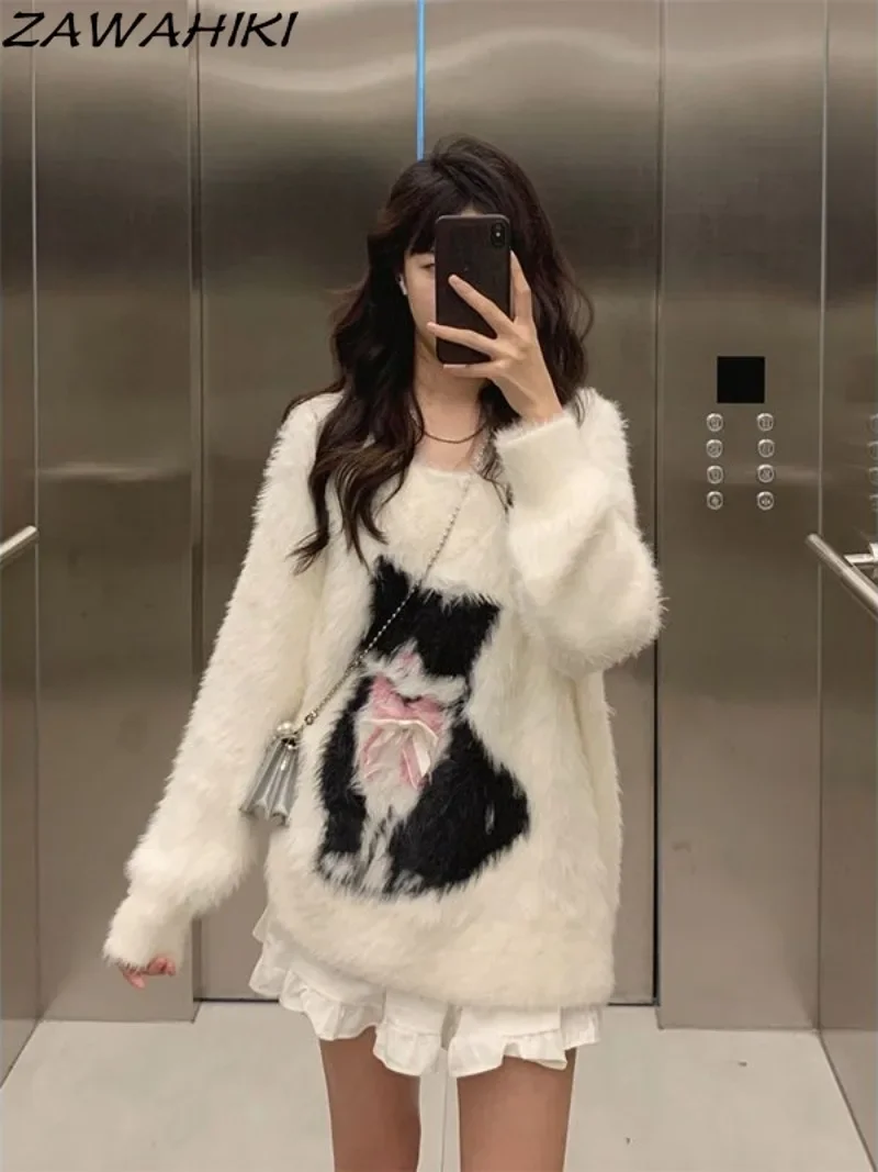 Female Sweaters V-neck Loose Oversize Winter Women Top Fashion Knitwear Cartoon Cat All Match Japanese Sweet Pullover Mujer