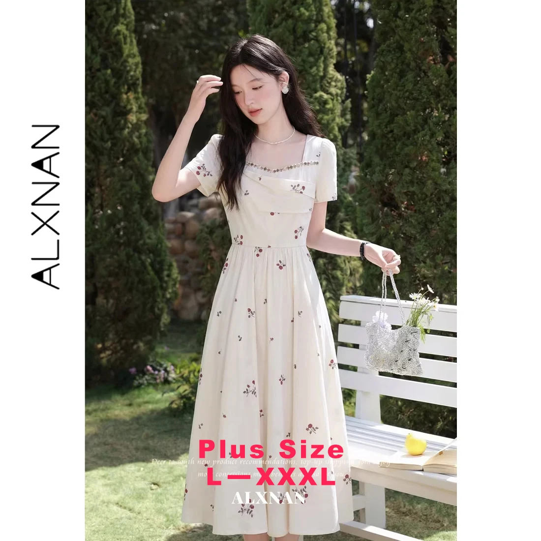 ALXNAN Plus Size Floral Dress Women Square Neck Pleated Design Lyocell Short Sleeve Dress Holiday Beach Female Clothing D62203-1