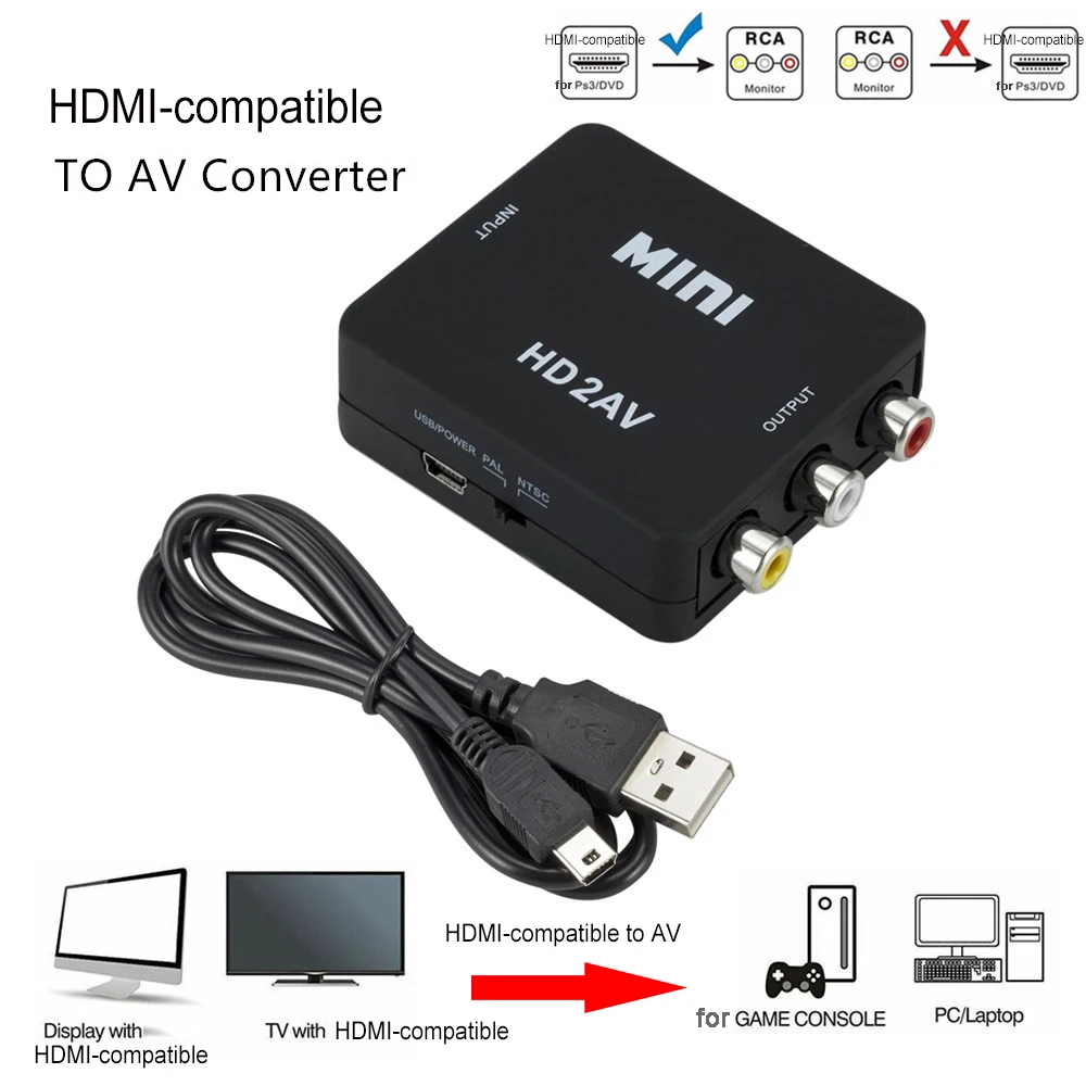 HDMI-совместимый AV-скалер-адаптер HD-видео конвертер HDMI-совместимый с RCA AV/CVSB L/R видео 1080P Поддержка NTSC PAL