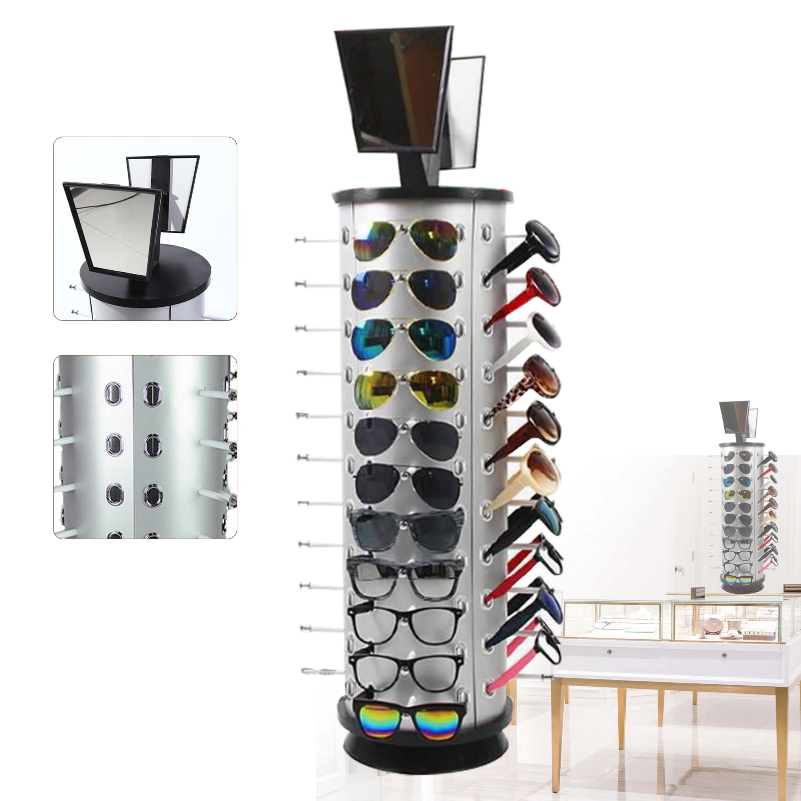 360 Rotating Sunglass Display Rack 44 Pairs Glass Holder Freestanding W/ Mirror