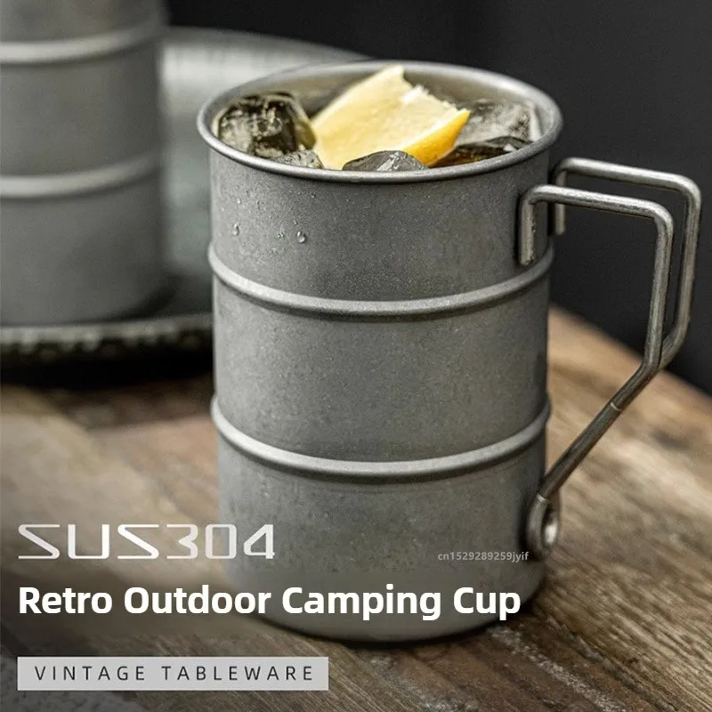 Taza Vintage de Acero Inoxidable 304 | Taza Portátil para Acampar al Aire Libre | Vaso de Cerveza Metálico Estilo Industrial de 350ml/500ml para Picnic