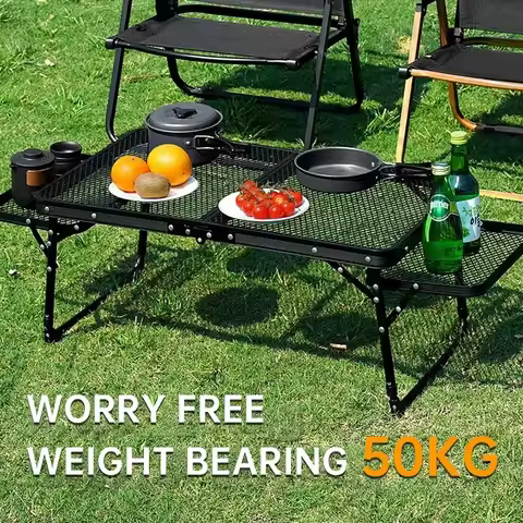 Outdoor Folding Table, Lightweight Portable Aluminum Alloy Grid Table, Hand-held Picnic and Barbecue Table, Camping Storage Rack