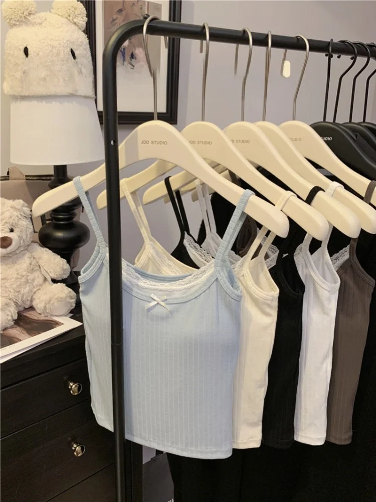 

Sweet Sle Lace Trim Strap Vest Women's Slim Fit Inner Wear with Chest Pad Summer Pure Desire ort Top Knot