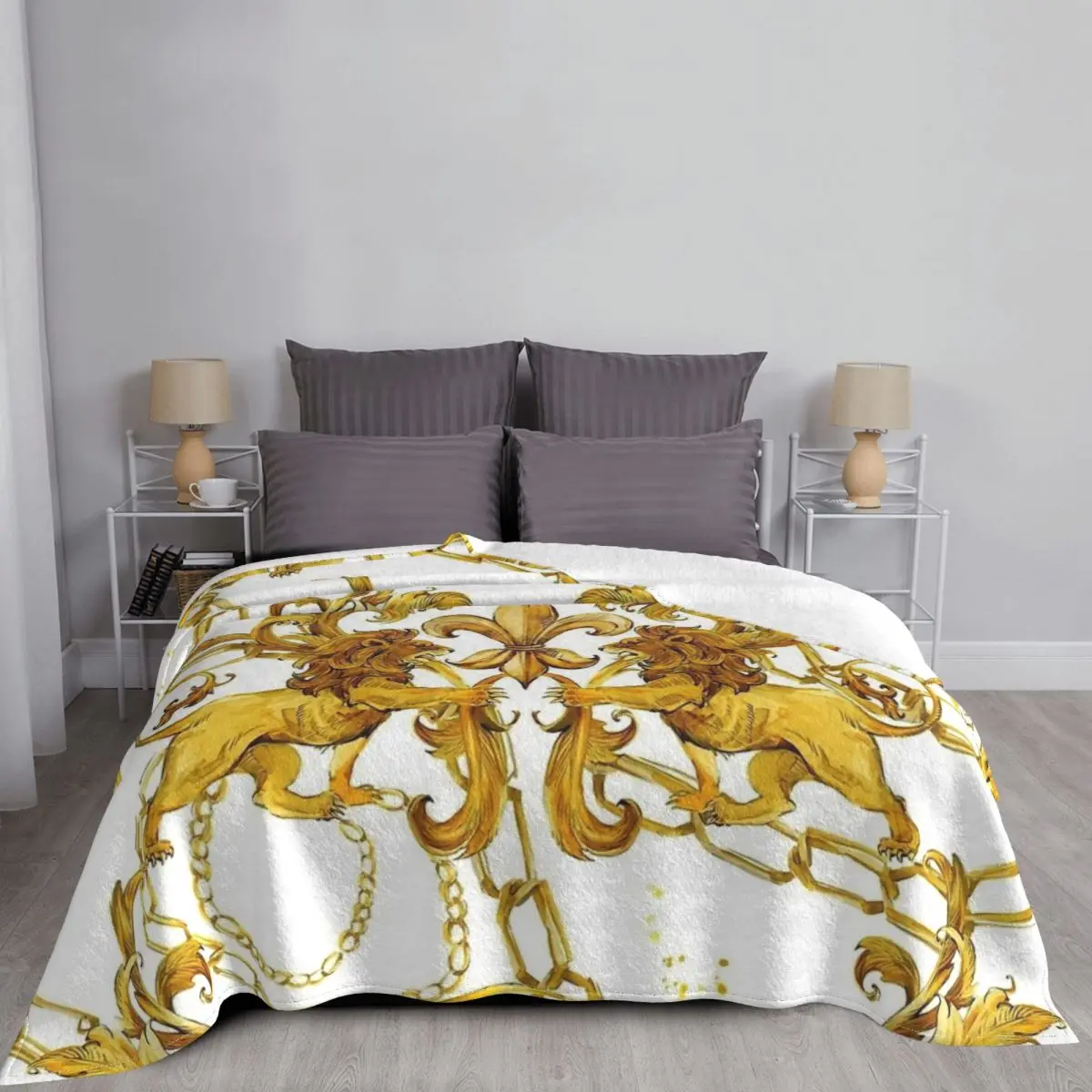 Golden Lion Baroque Blanket Velvet Textile Decor Watercolor Vintage Gold Lace Multi-function Super Warm Throw Blankets